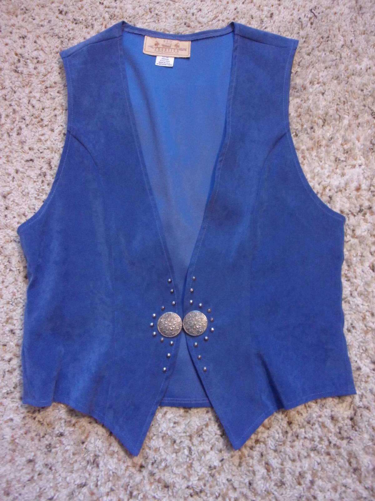 M~Vintage New Frontier Woman&rsquo;s Western Vest~Blue Stretch Faux Suede~Concho Clasp