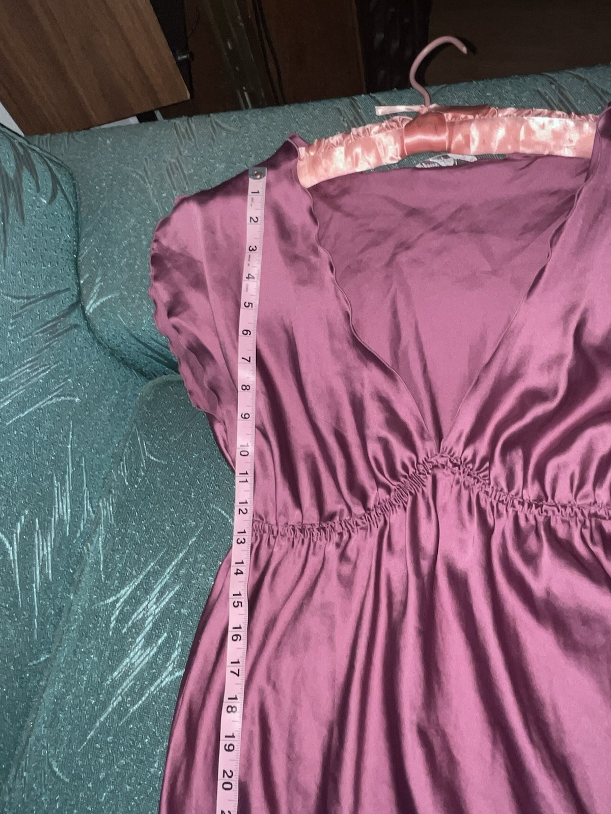 Vtg Miss Elaine Purple Satin Maxi Nightgown Large V Neck Flutter Sleeves