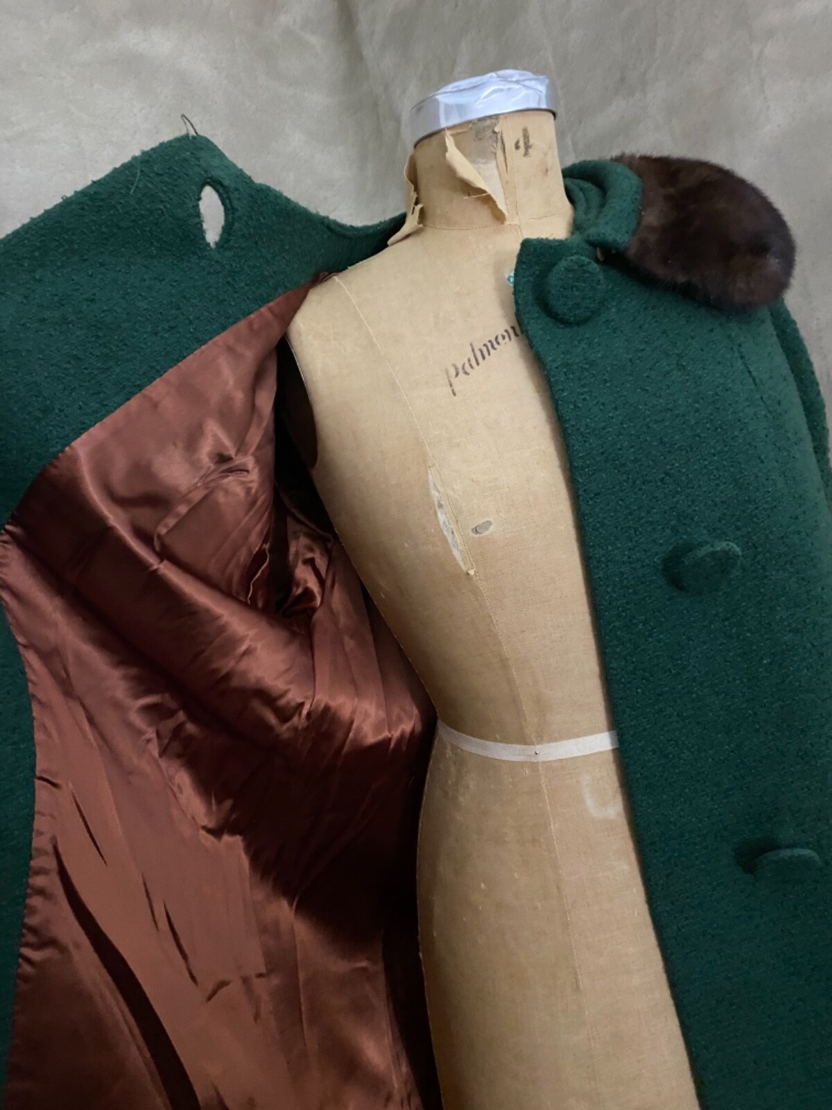 Vintage FOREST GREEN BOILED WOOL Coat MINK FUR COLLAR Copper Satin Lining M
