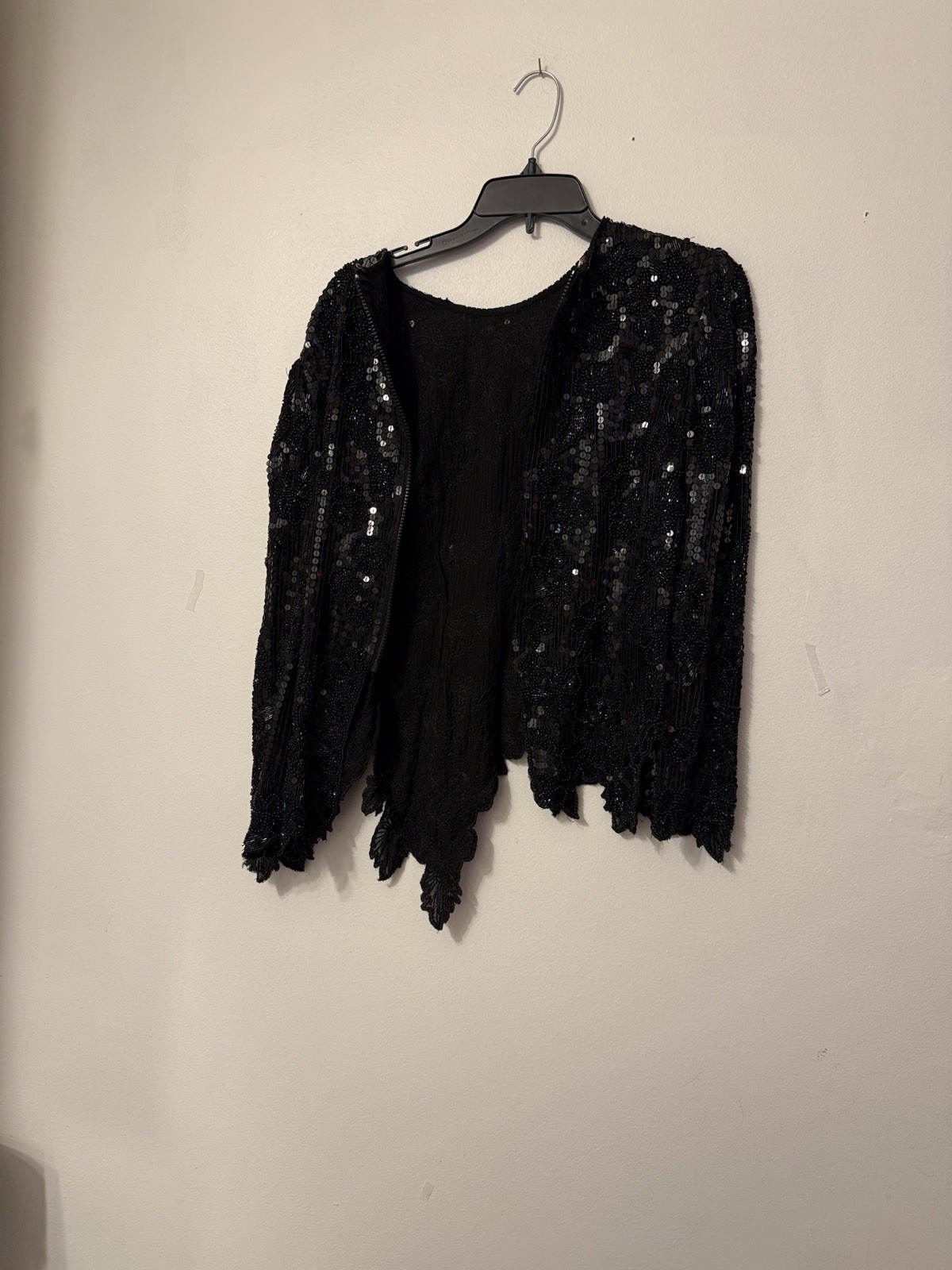 Frank Usher London Black Sequin Beaded Silk Top Small Zipper Back Vintage
