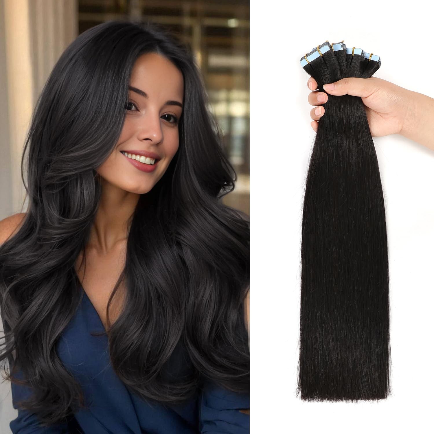 JESSBO 20&Prime; Tape In Remy Human Hair Extensions Natural Black 20pcs 50g Seamless