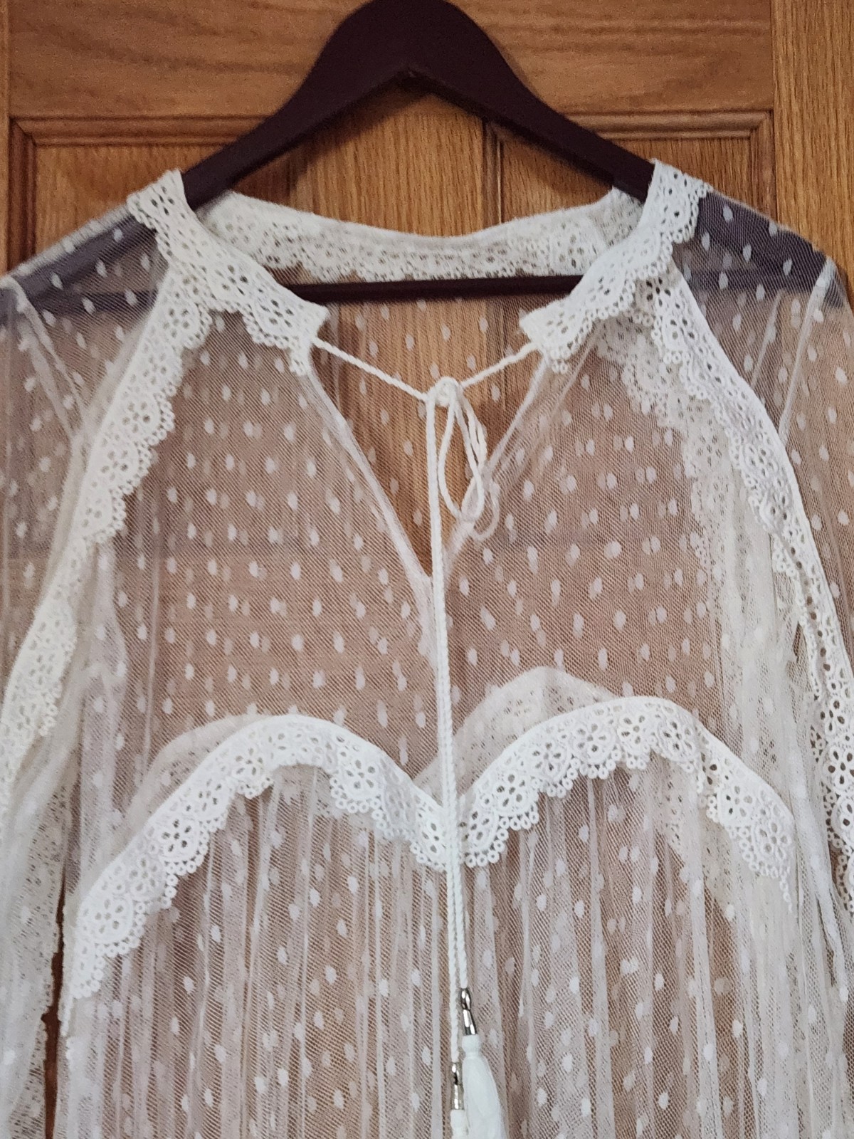 Swiss Dot Mesh Laced Maxi Naked Dress Asymmetric Women M Off White Boho Ethereal