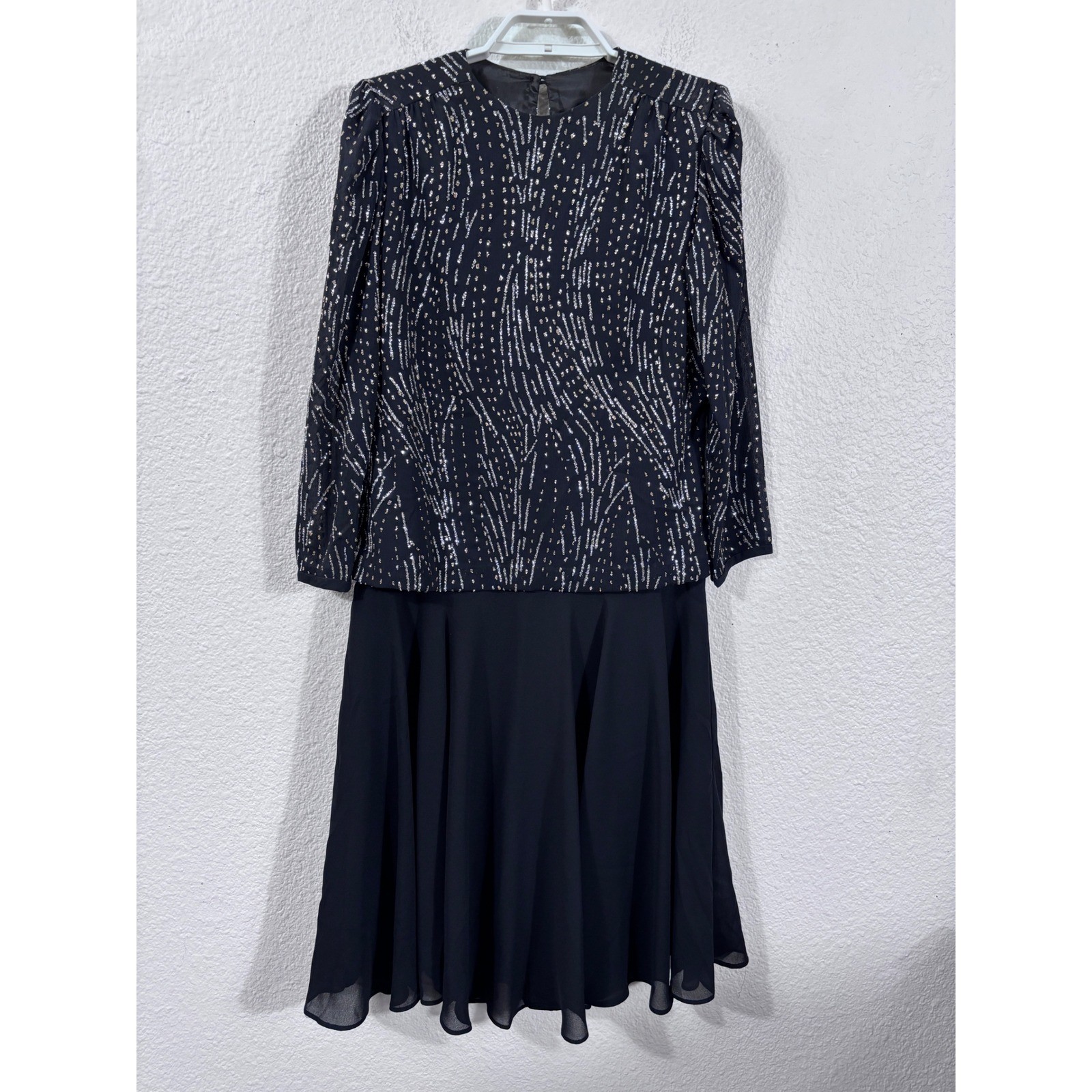 J.S.J. Dress Women Medium Black Vintage Sequin Chiffon Long Sleeve