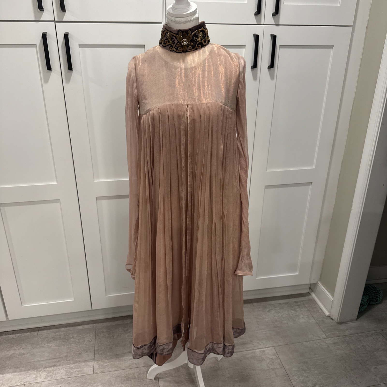 Vintage Blush Pink Pleated Sheer Velvet Trim High Neck Embellished Dress S