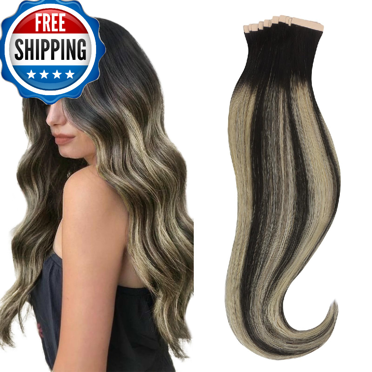 HOTBANANA 12&Prime; Tape in Hair Extensions 20pcs 40g Natural Black Light Blonde