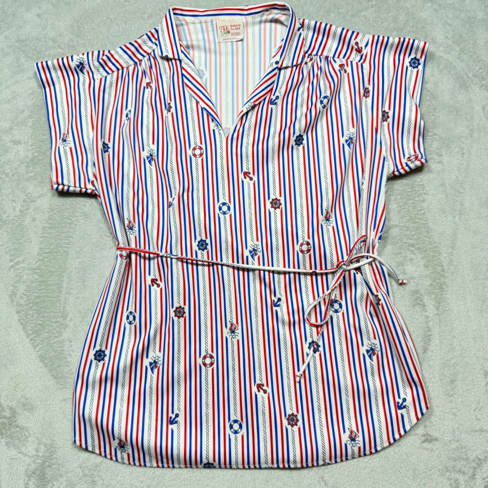 Vintage 1970s Red White Blue Nautical Polyester Tunic Top Rope Belt L XL Coastal
