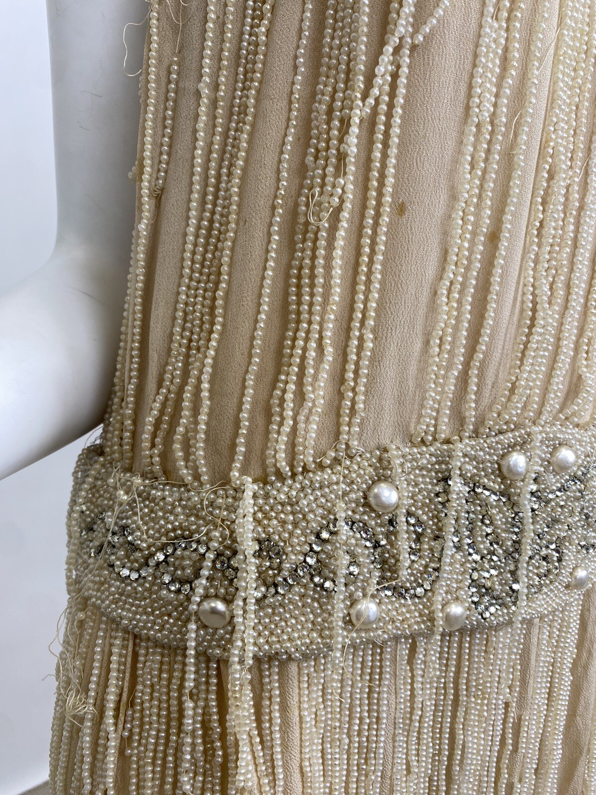 Real Antique 1920s Flapper Wedding Gown Train Headpiece Pearls Rhinestones