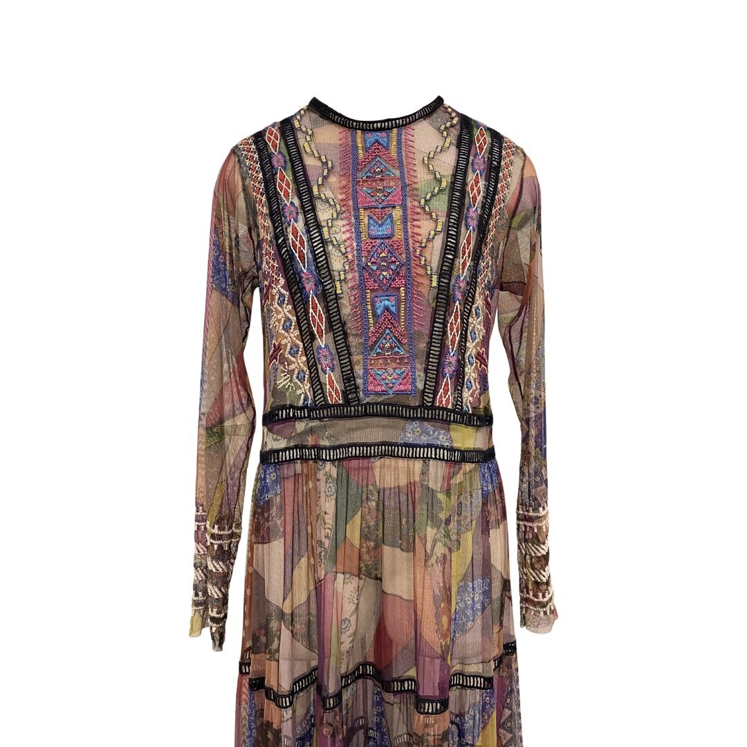 Johnny Was Biya Romantic Embroidered Boho Bohemian Tiered Printed Gervase Dress