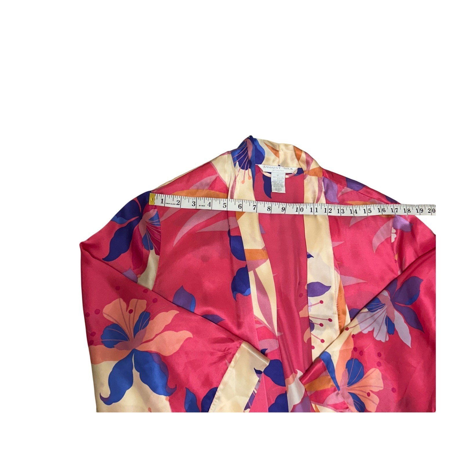 August Silk Intimates Pink Floral 100% Silk Vintage Long Wrap Robe XL Tropical