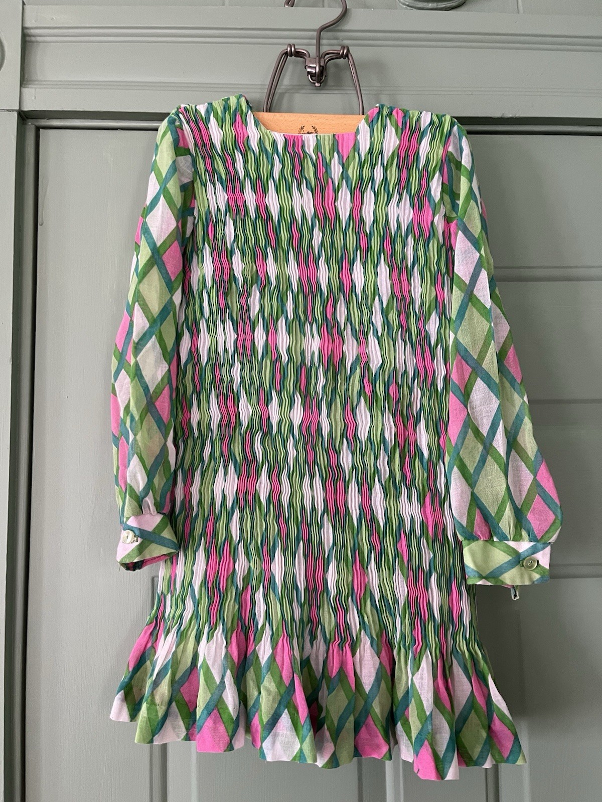 60&rsquo;s MOD Pink & Green Pleated Mini Dress Tunic Cotton Party Shift Girls Youth