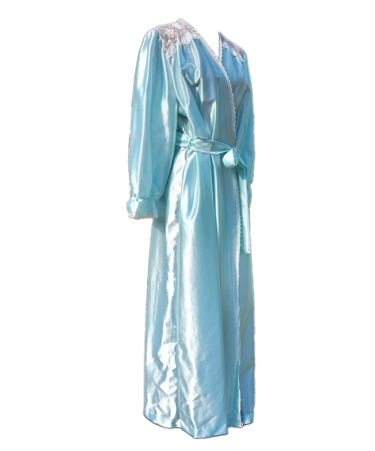 Vtg 1970s Pastel BLUE Long ROBE Mad Men Retro Lorraine USA (modern med.) Lace L