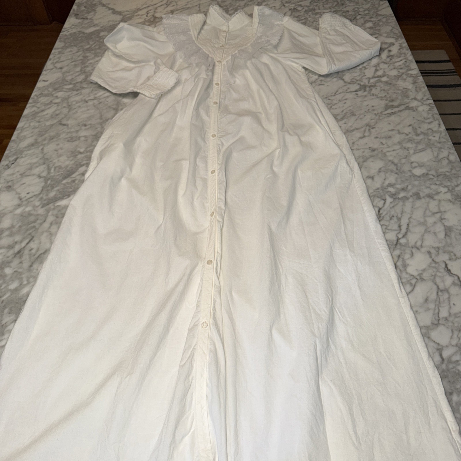 Vintage Periwinkle White Long Peasant Boho Dress High Neck Lace Ruffle Sz S USA