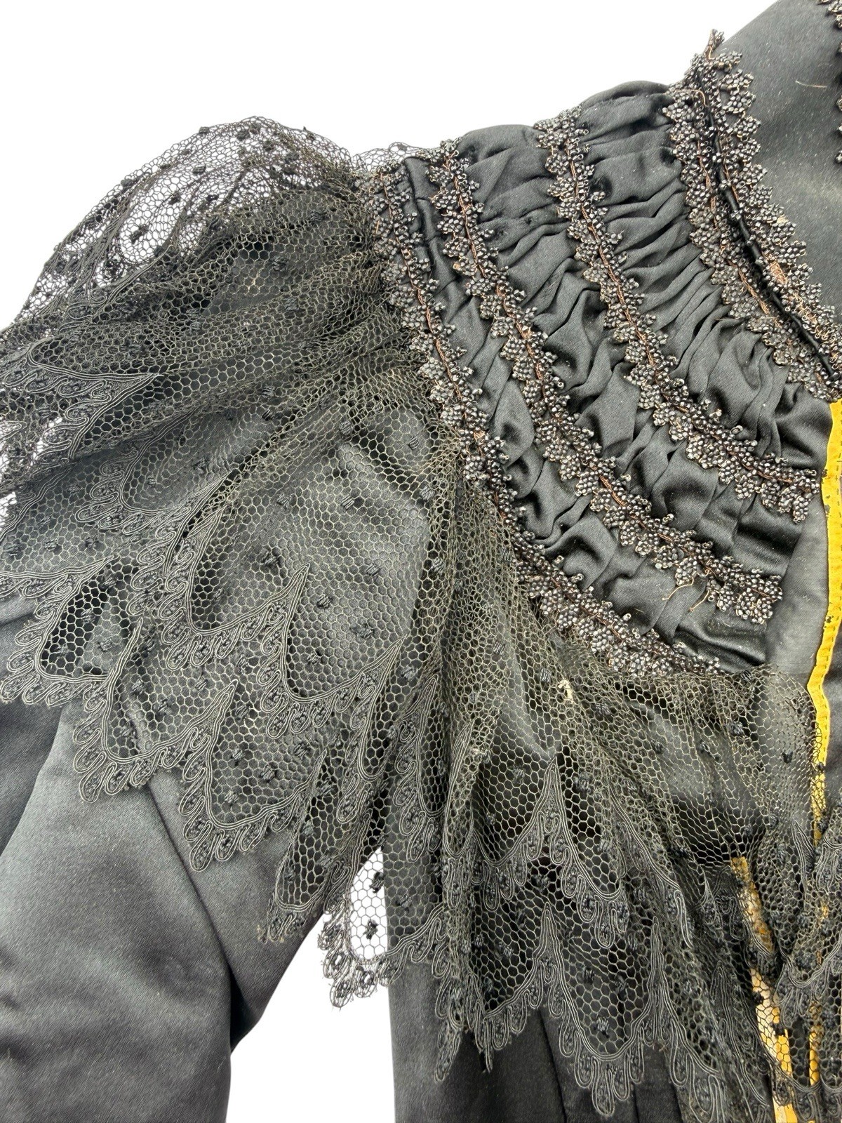 Antique 1890s Victorian Mourning Bodice Jet Black Beaded Boned Lace Top Jacket