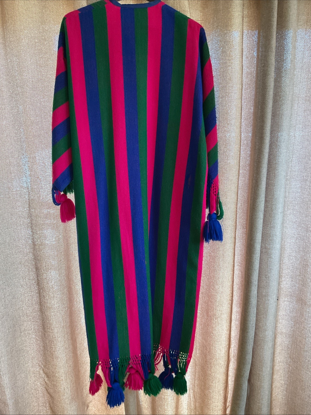 VTG Josefa Boho Caftan Maxi Dress Multicolor Pink Green Blue Pompoms Belt, Small