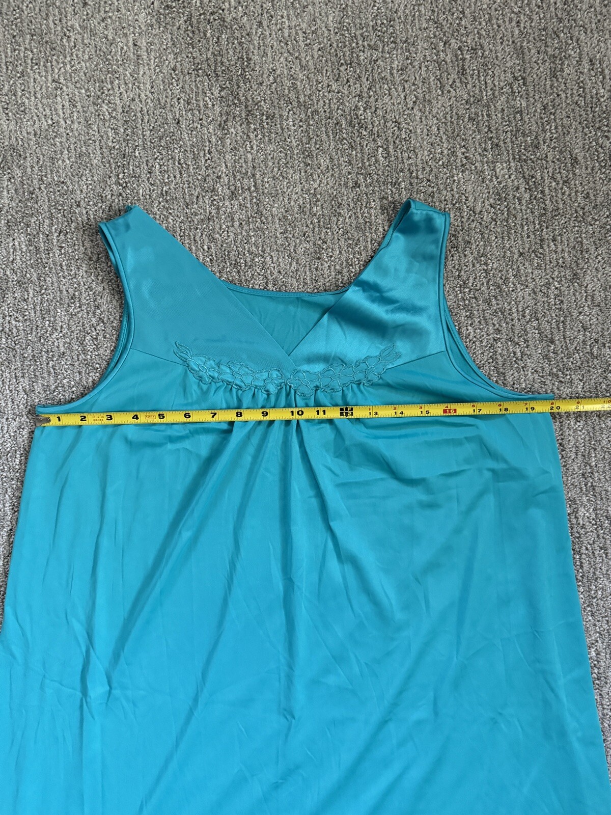 Vanity Fair Vintage Tank Top Nightgown Teal Green Mid Length Lace Satin USA Med