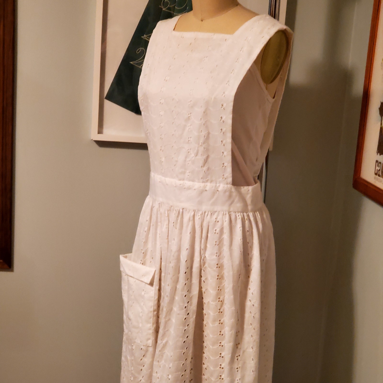 Vintage Home-made White Cotton Eyelet Pinafore Dress/Ankle Length Apron