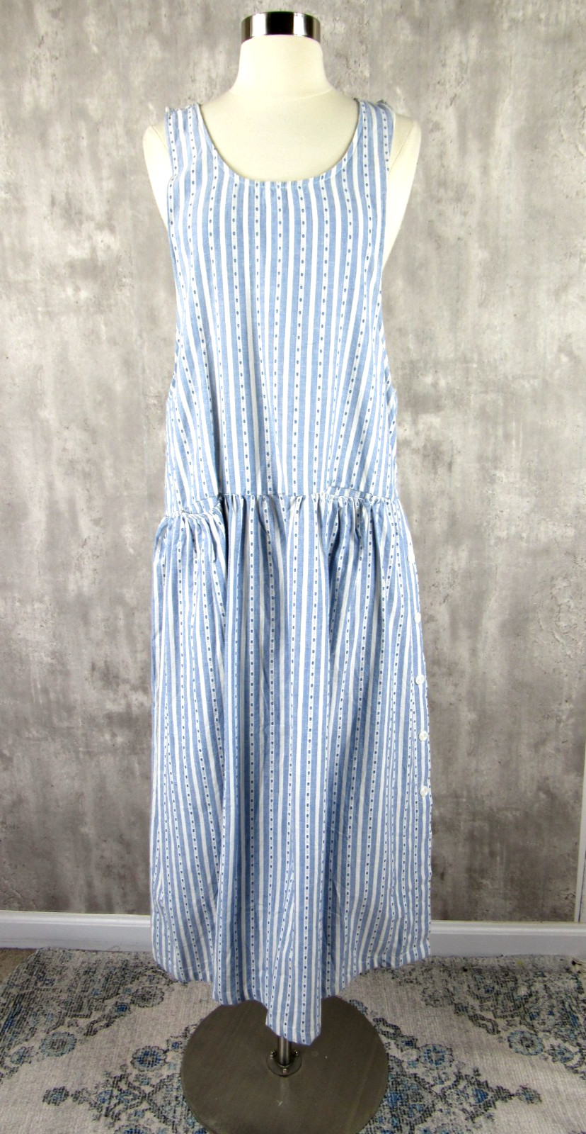 Vintage 80s Blue White Striped Cotton Pinafore Tea Dress Cottagecore NEW Large