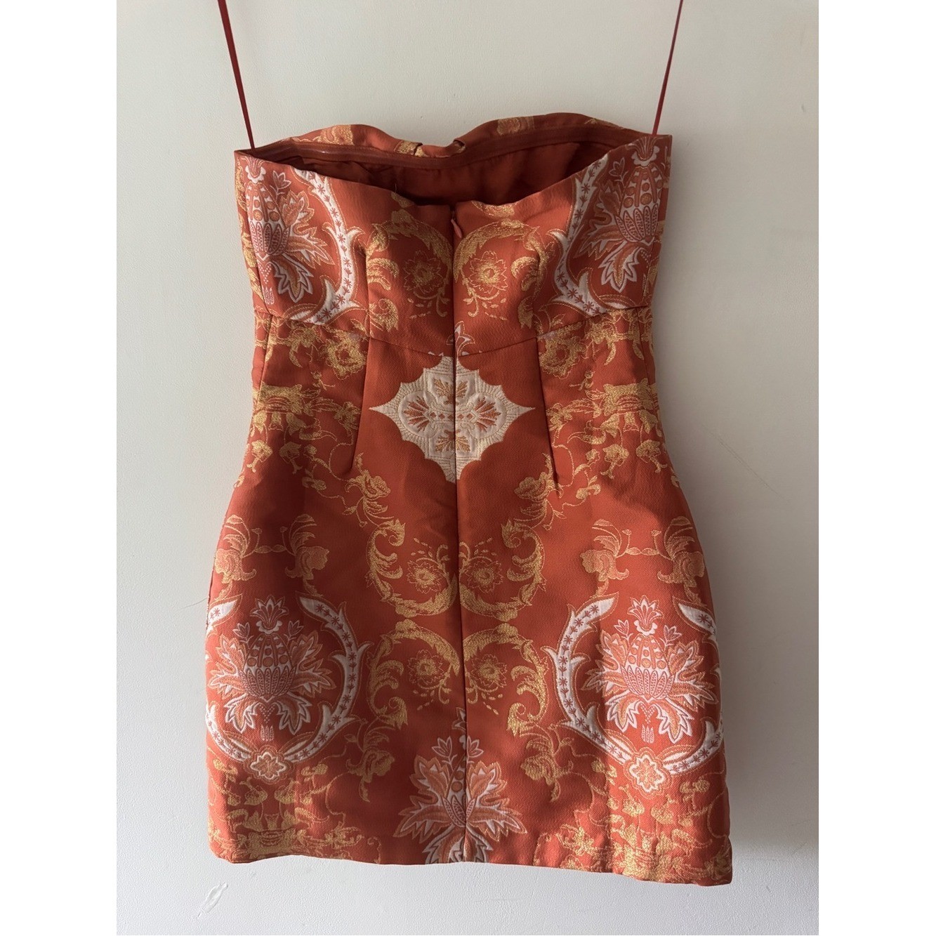 Free People Strapless Copper Metallic Burnt Orange Gold Vintage Details Dress