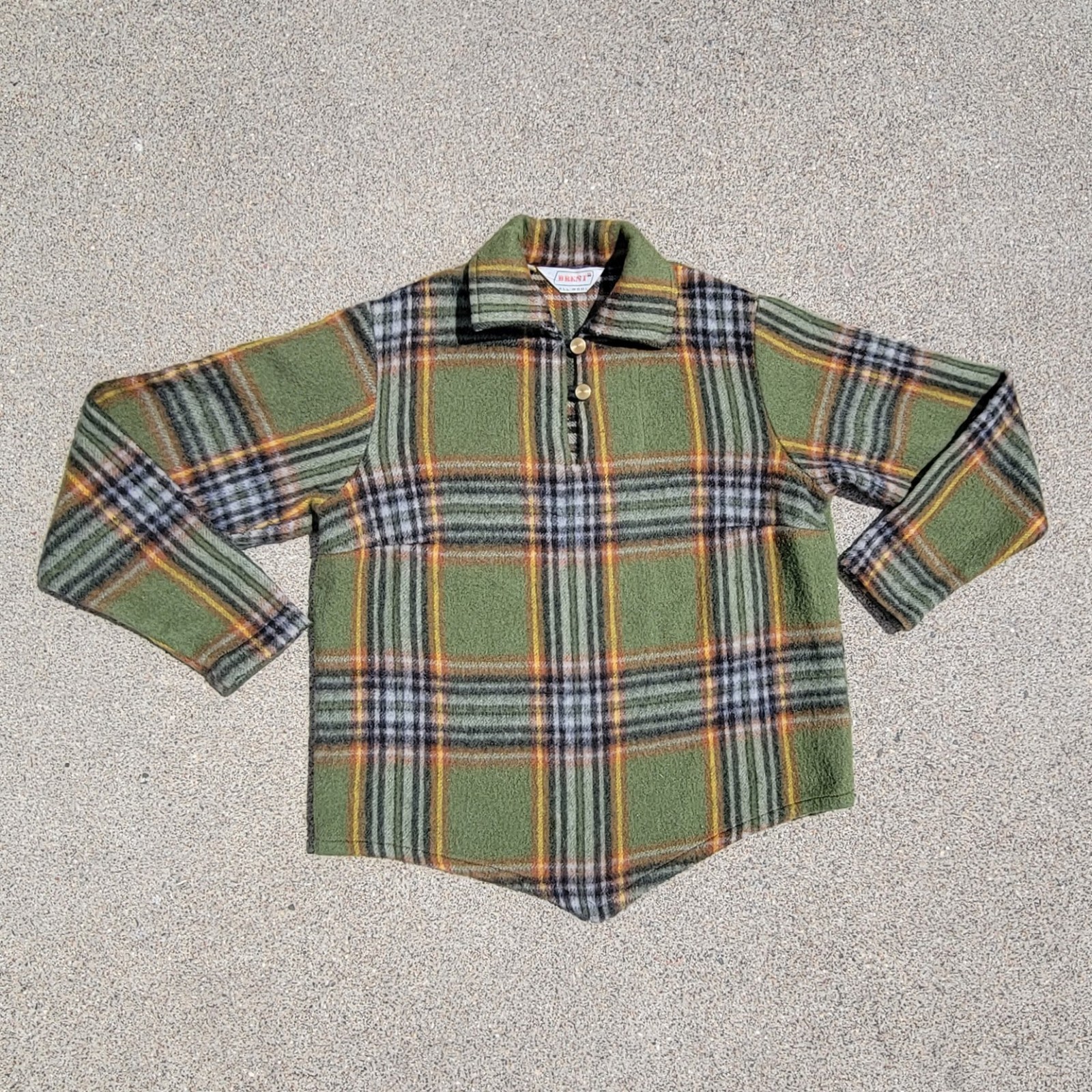 Vintage 50s 60s Brent 100% Wool Loop and Button Olive Plaid Pointed Hem Pullover