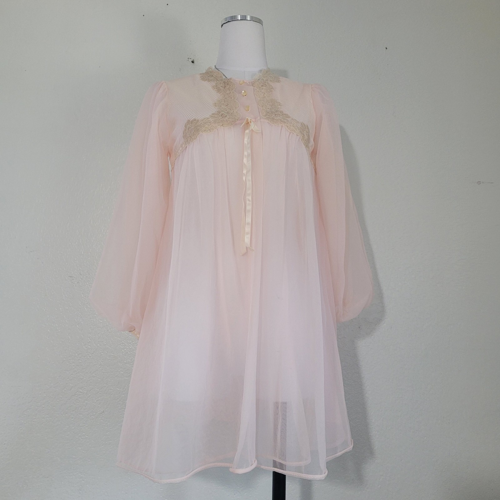 Vintage Gossard Artemis Sheer Pastel Pink Babydoll Nightgown with Lace Yoke Smal