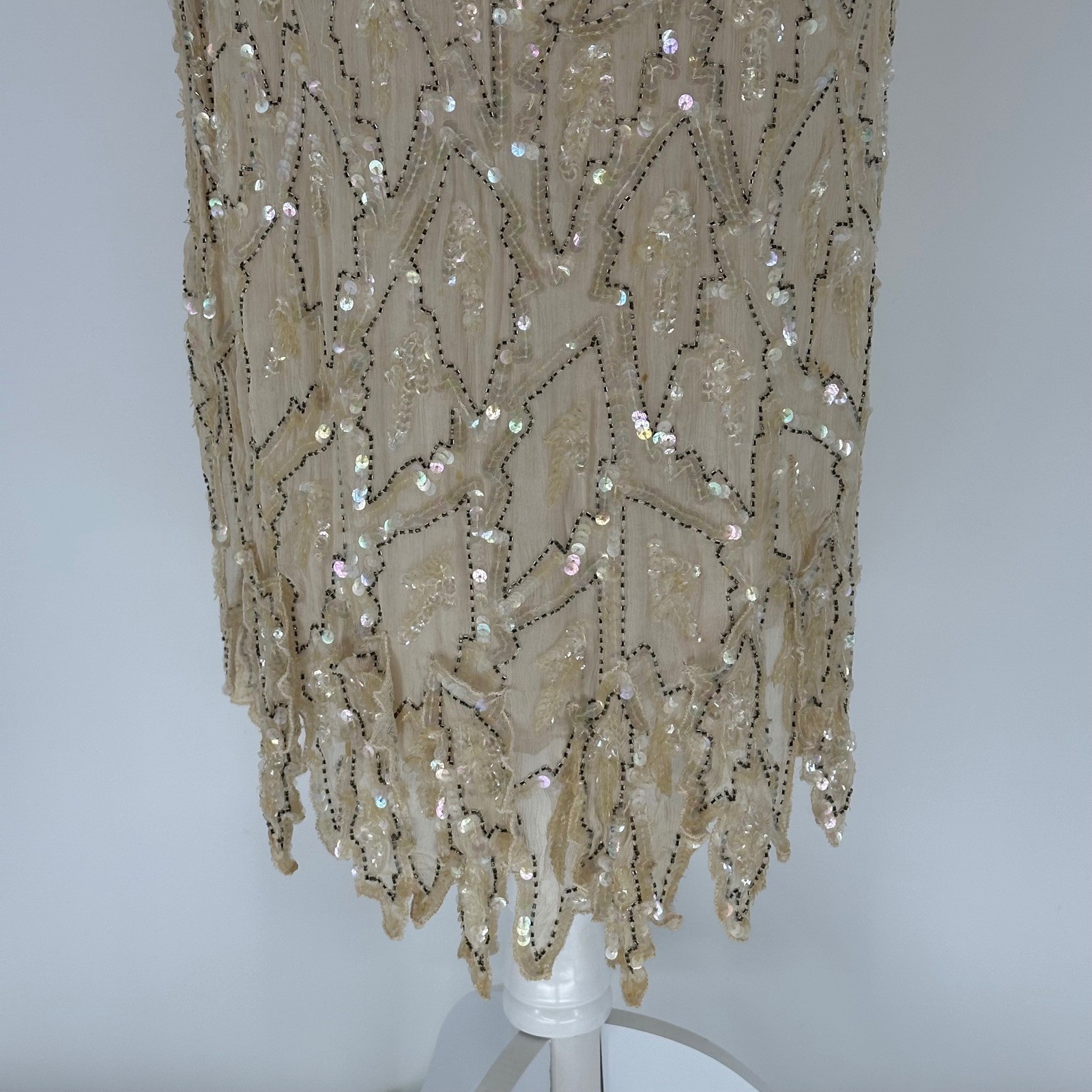 Vintage Whimsy Flapper Art Deco Swee Lo Champagne Silk Beaded Sequin Dress READ