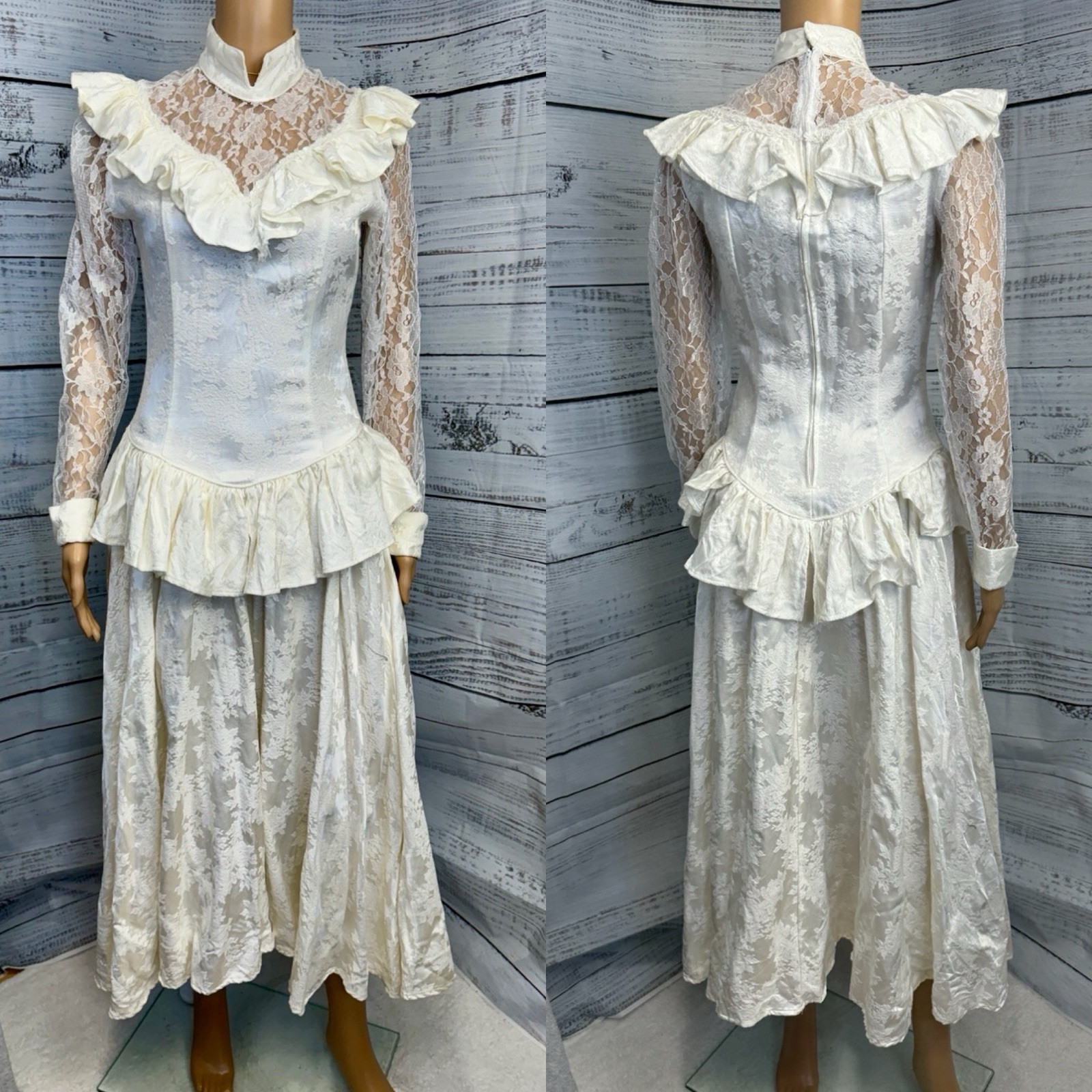 VTG 80s Roper Rustic Ivory Lace Jacquard Prairie Victorian Dress Womens 5/6 USA