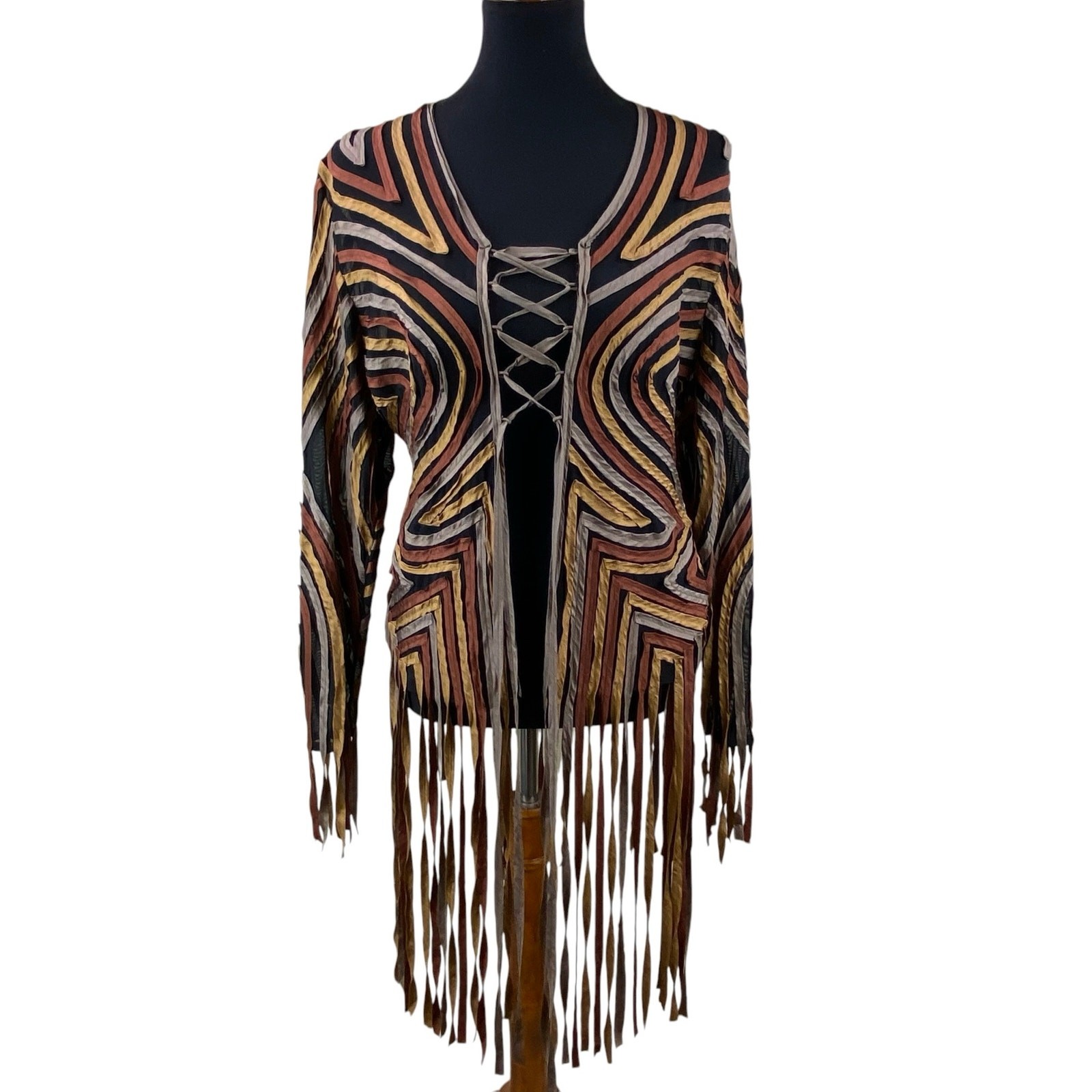 100% Silk Ribbon Lace Front Tunic Top Size M Art To Wear Boho