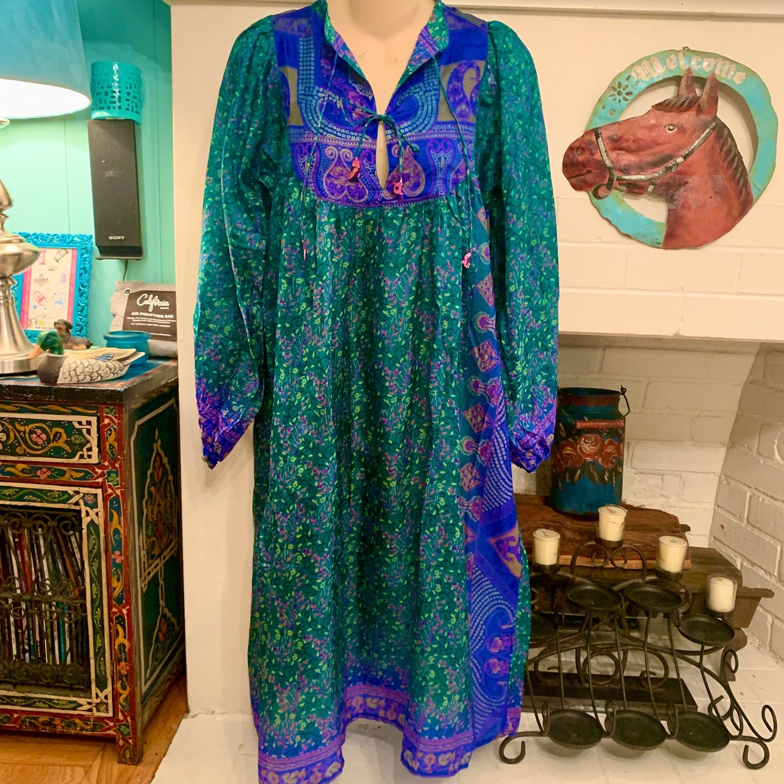 SEVENTIES 70&rsquo;s India SILK Mixed PATCHWORK Block Print HIPPIE BOHO Gypsy Dress
