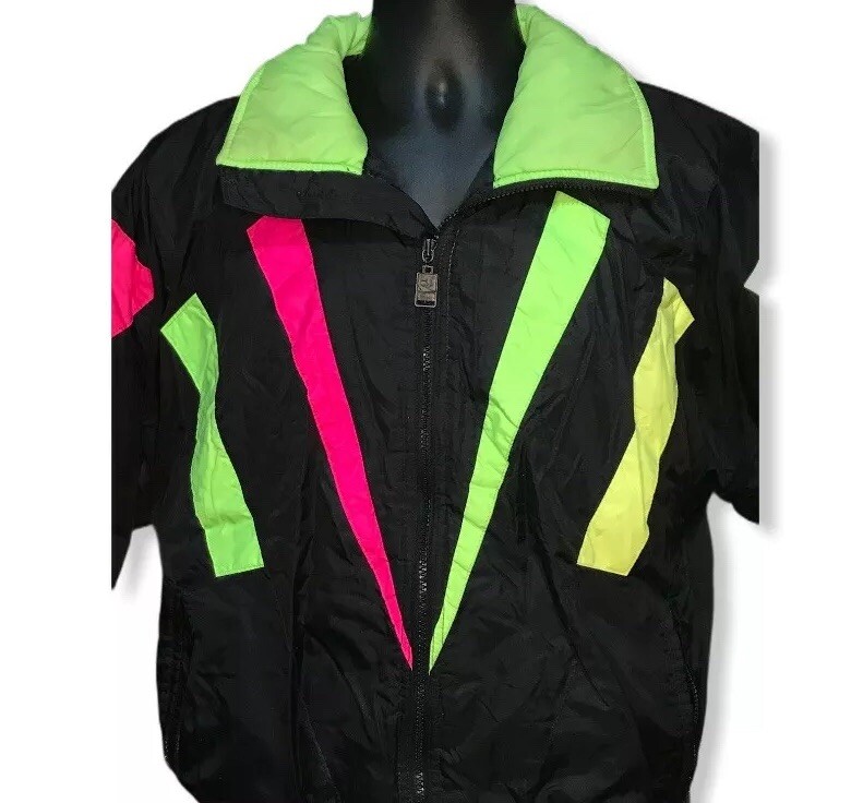 Vintage 1980’s Color Block Skii Jacket Green Mountain Women’s L Neon Runs Small