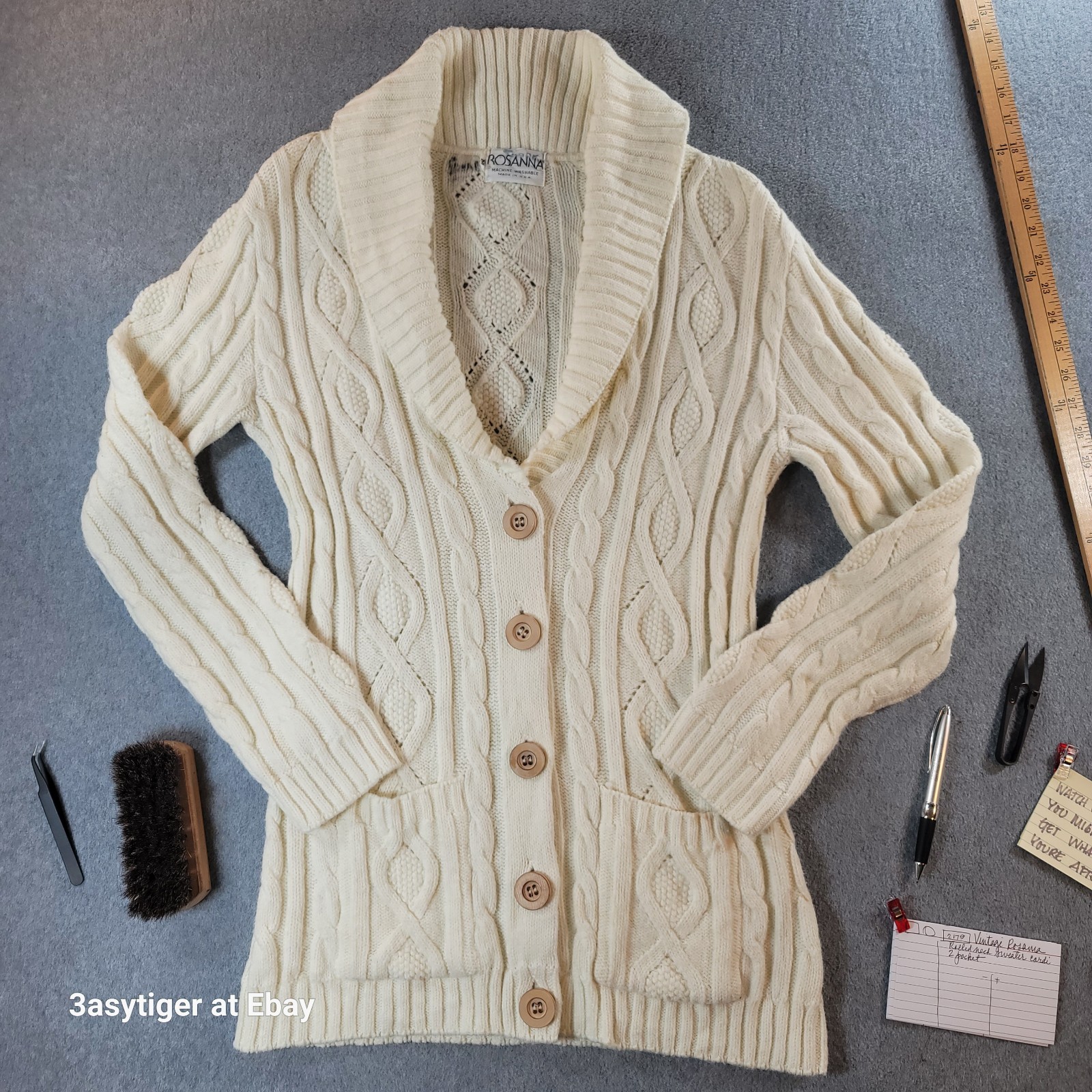 Vintage 70s 80s Rosanna Cream White Sweater Shawl Collar Cardigan Wood Buttons M