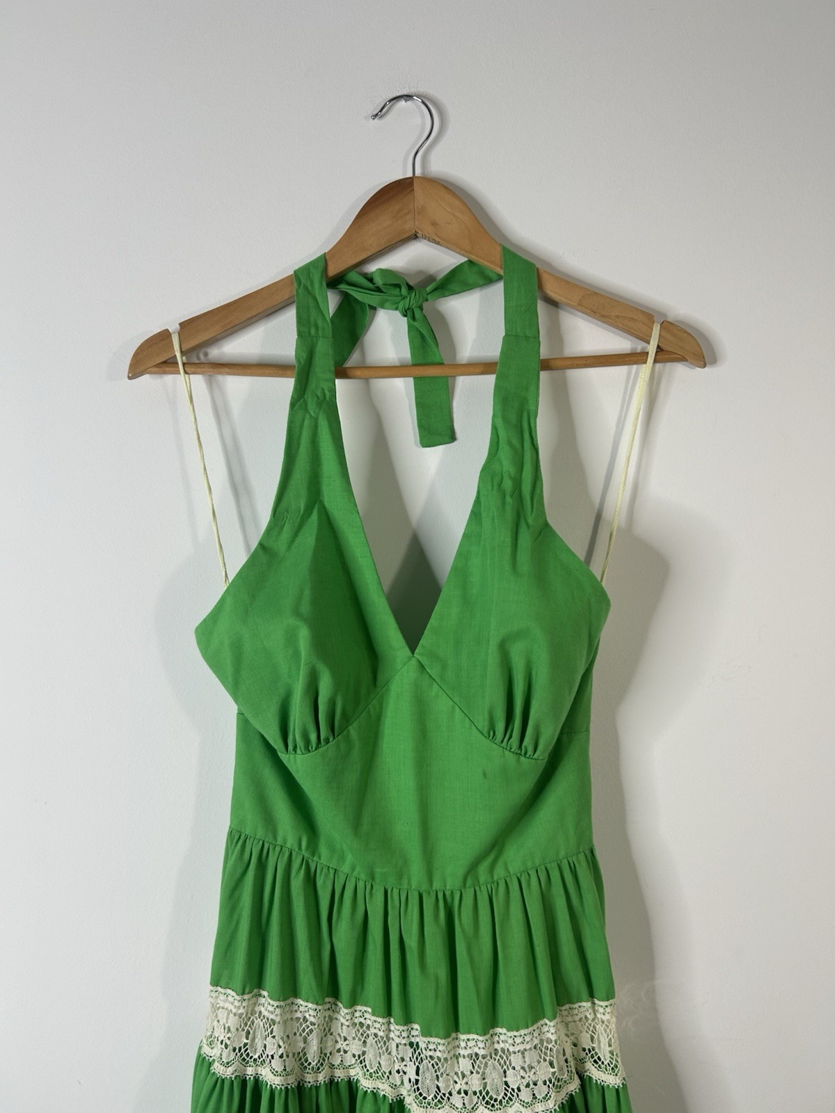 Vintage 1970’s Denise L Dress Women’s Green Halter Lace Maxi Everyday