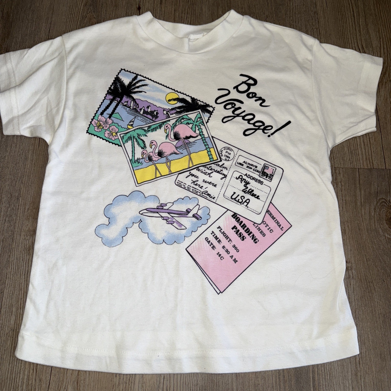 Vintage T Shirt Graphic 80&rsquo;s Travel Bon Voyage Postcard Single Stitch Small Rare