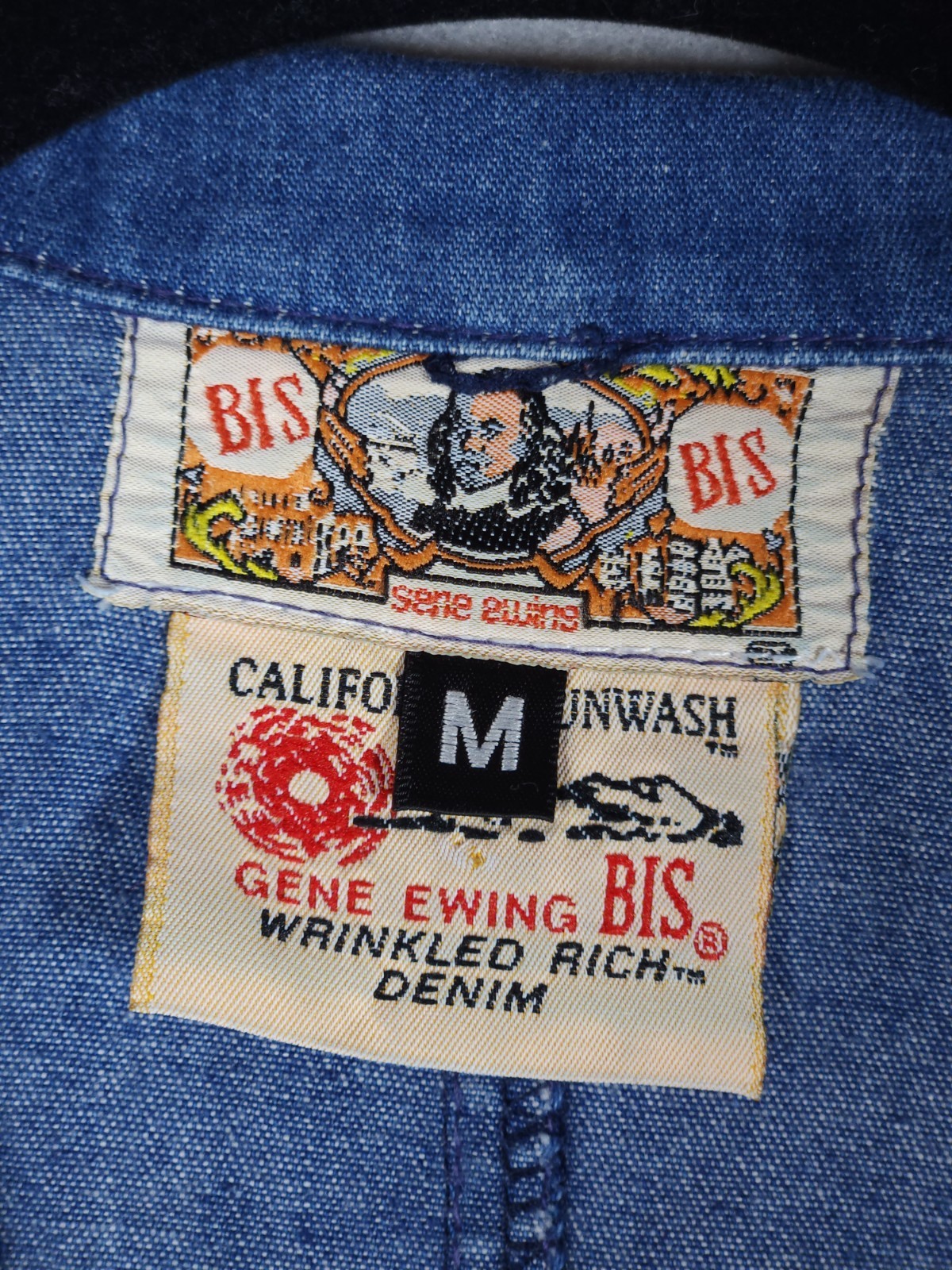 VTG Gene Ewing Bis Wrinkled Rich Dark Denim Solid Button Down M Pocket