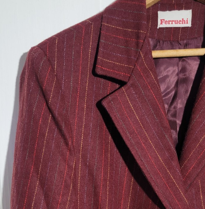 70s VTG Tailored Burgundy Pinstripe Blazer Jacket Wool Lined Pockets M Boss Lady