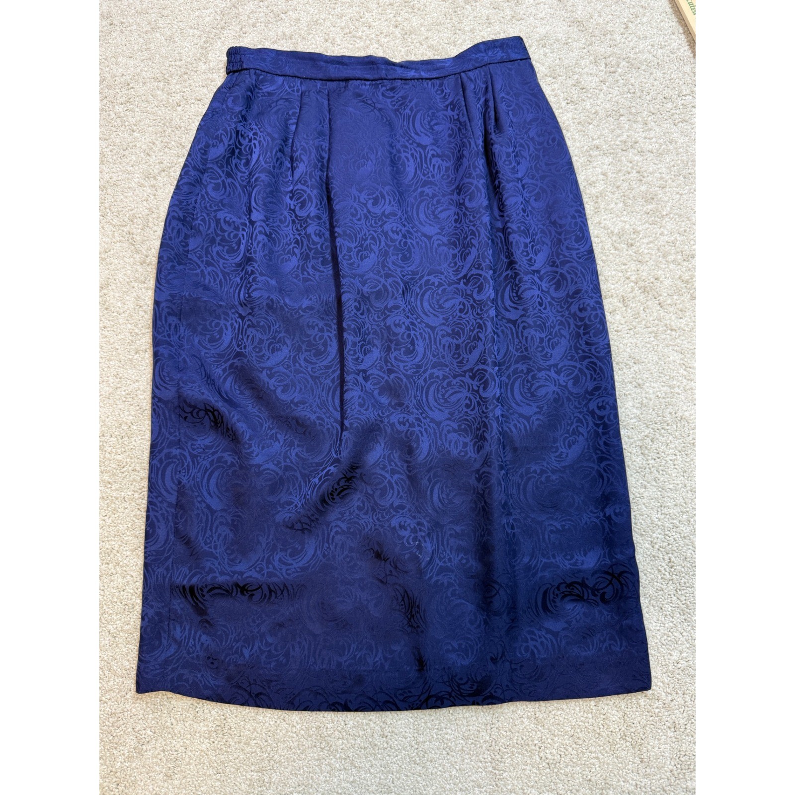 Vintage Royal Blue 100% Silk Damask Jacquard Midi Skirt Size 8 High Waist
