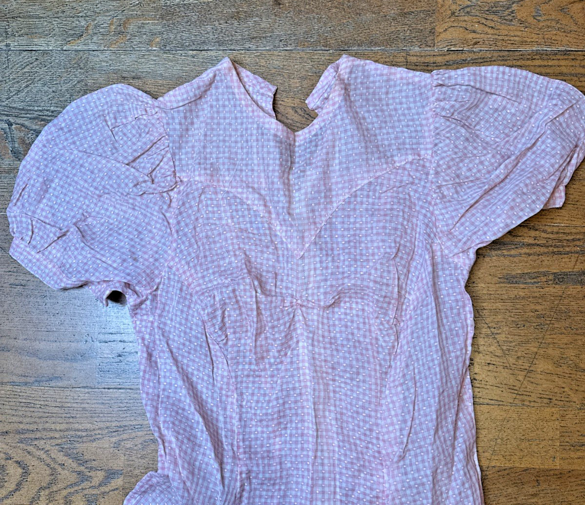 Vtg 1940s Pink Gingham Swiss Dot Day Dress Metal Zipper Puffy Sleeve Wide Sweep