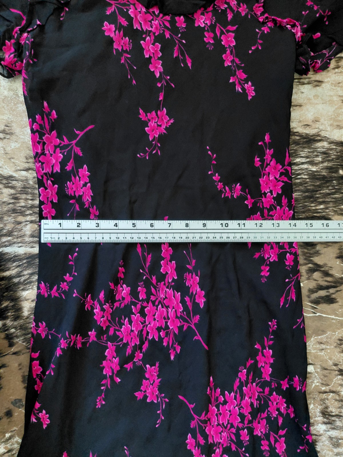 Vintage 90s Black Dress Pink Florals Rouged Sleeves Crinkle Hemlines Size 12