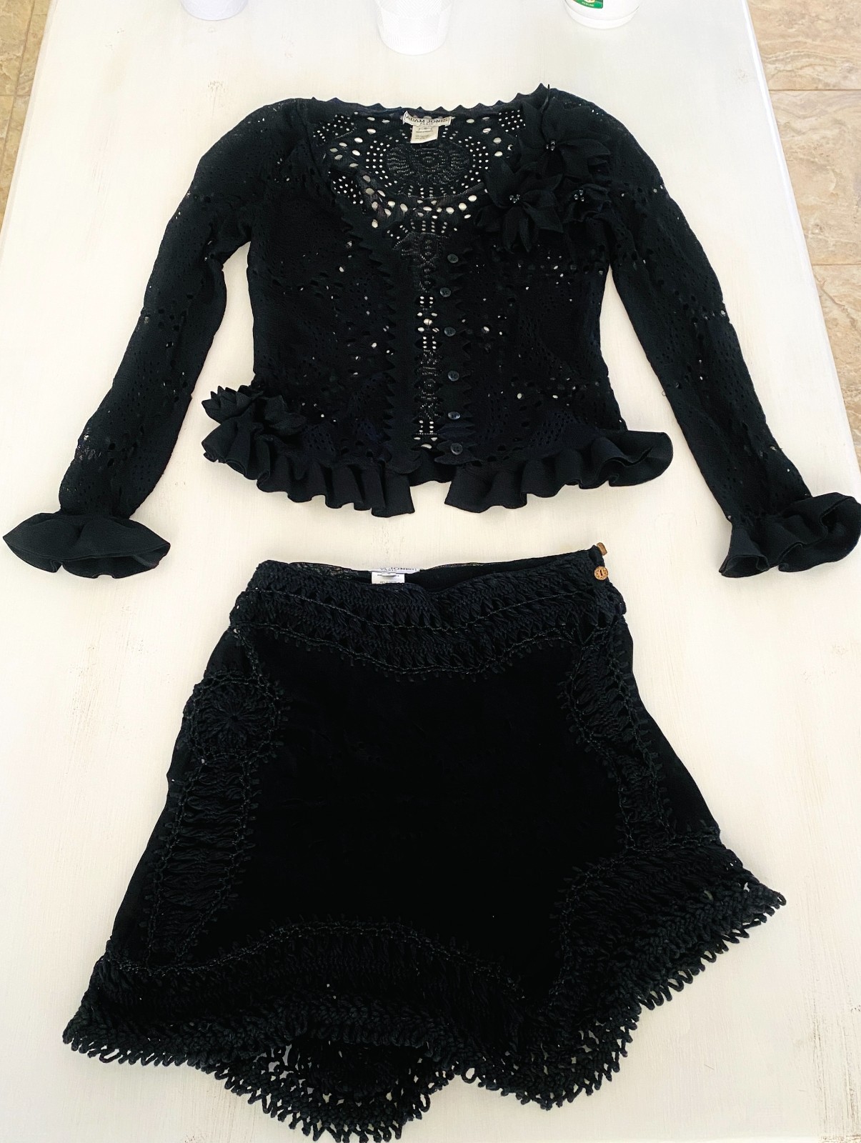 Vintage 2000s Adam Jones Paris Crochet Lace Skirt & Blouse Suit – S – France