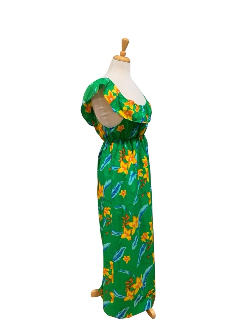 Vntg 70’s Women&rsquo;s POMARE KIDS Green Yellow Hawaiian Floral Maxi Dress sz S