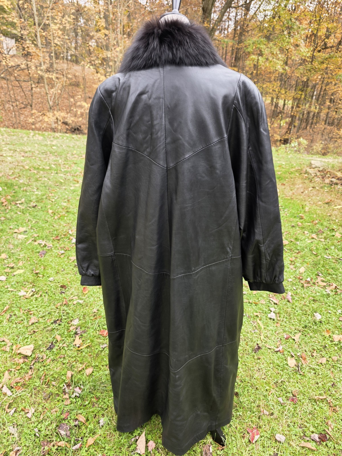 Vtg E Wear Black Long Lambskin Leather Coat With Fox Fur SZ 2X Plus Size Mob
