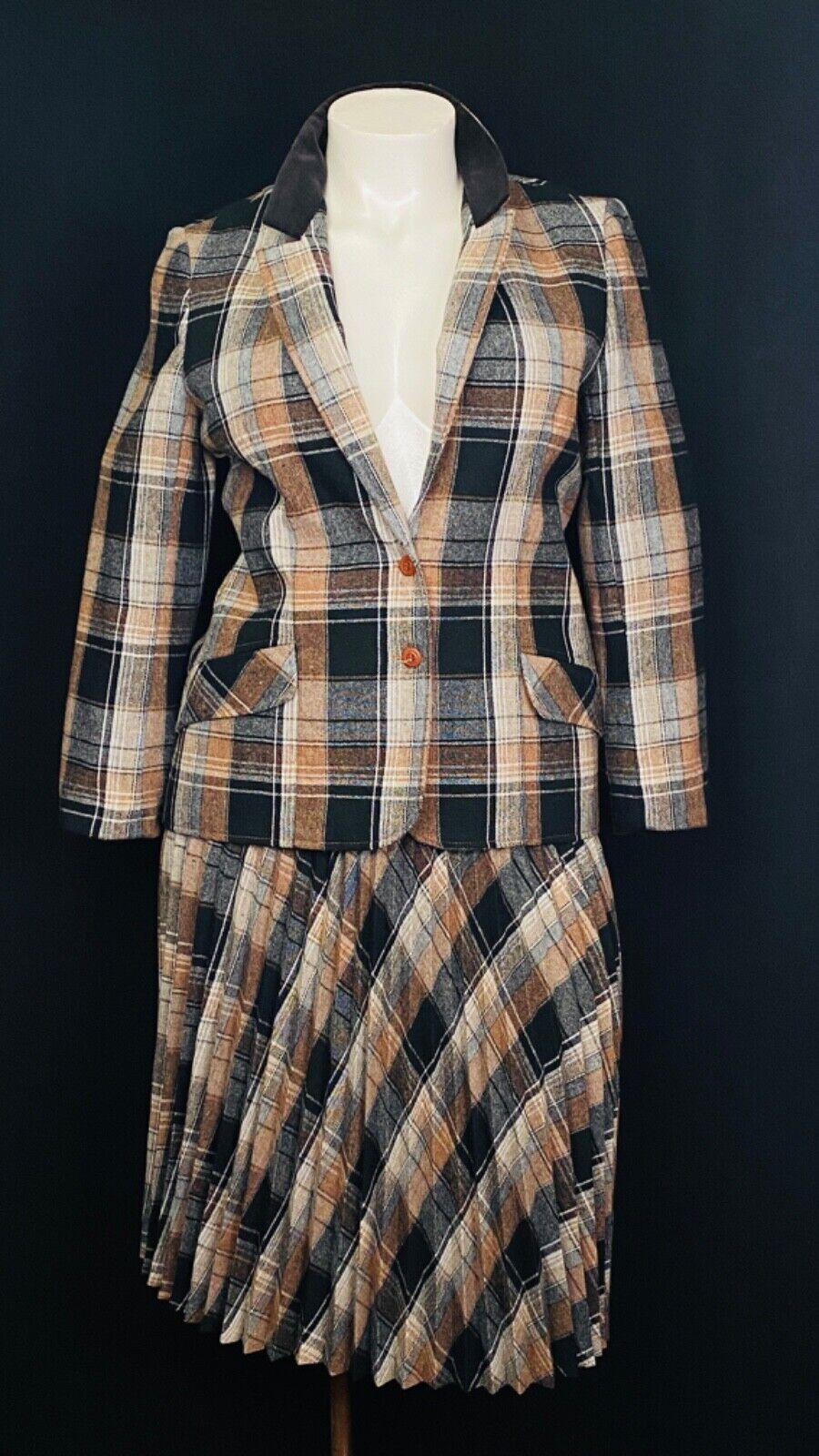 Vintage brown black wool plaid suit jacket blazer skirt set outfit XL plus size