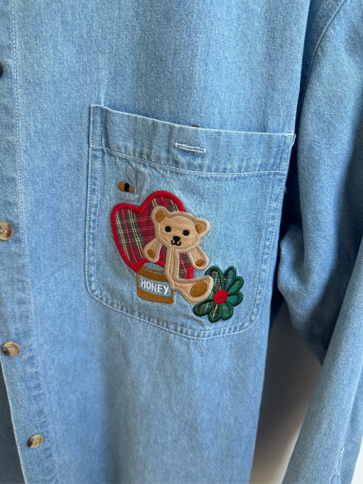 Solution Denim Shirt Teddy Bear Honey Plaid Heart Embroidered Button Up