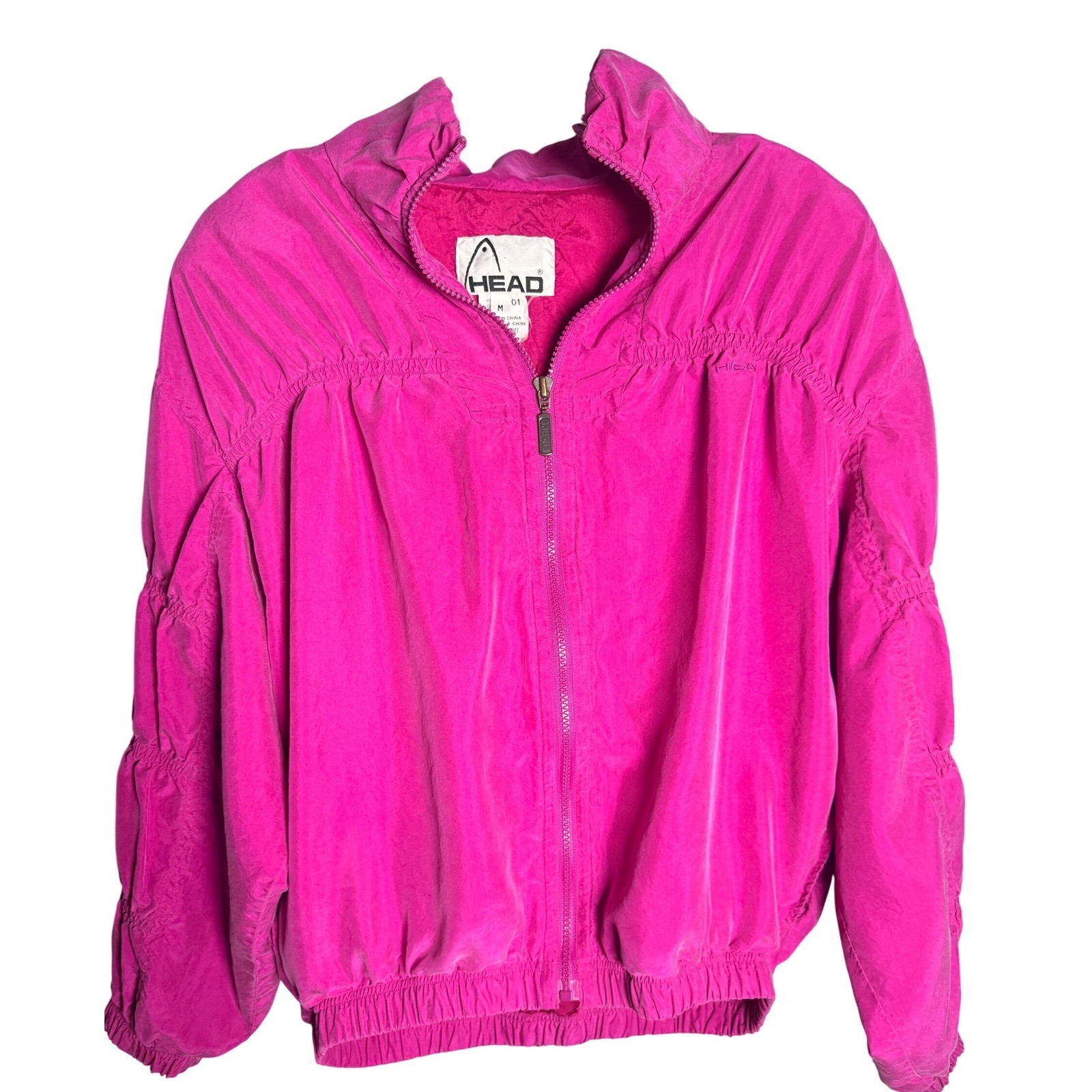 Head Silk Bomber Jacket Womens Medium Pink 90s Vintage Ruched Zip Funnel Neck