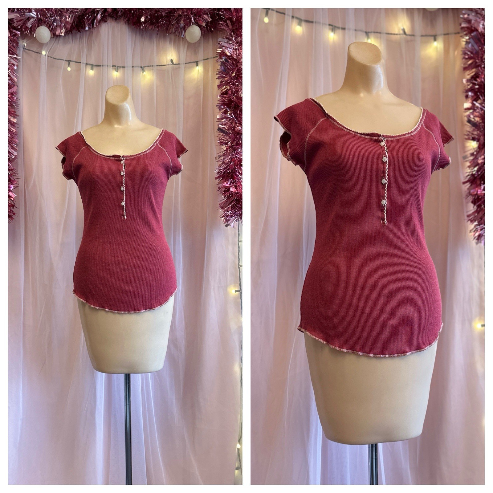 Vintage Y2K 2000s Ribbed Stretchy Short Sleeve Top Tee Deep Pinky Red S/M/L