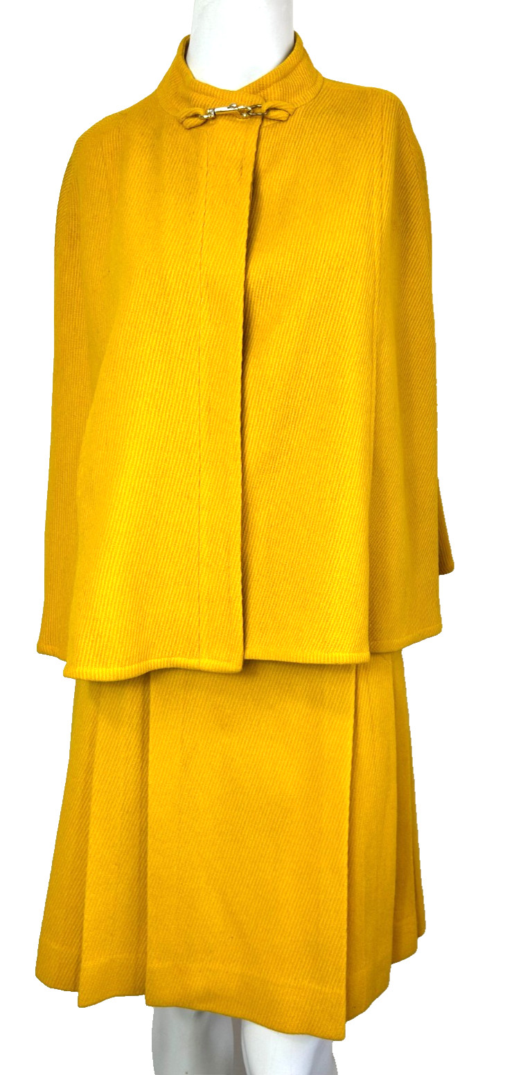 60s Wool Skirt & Cape Set Size Small Yellow Ribbed Lined Covered Button Placket
