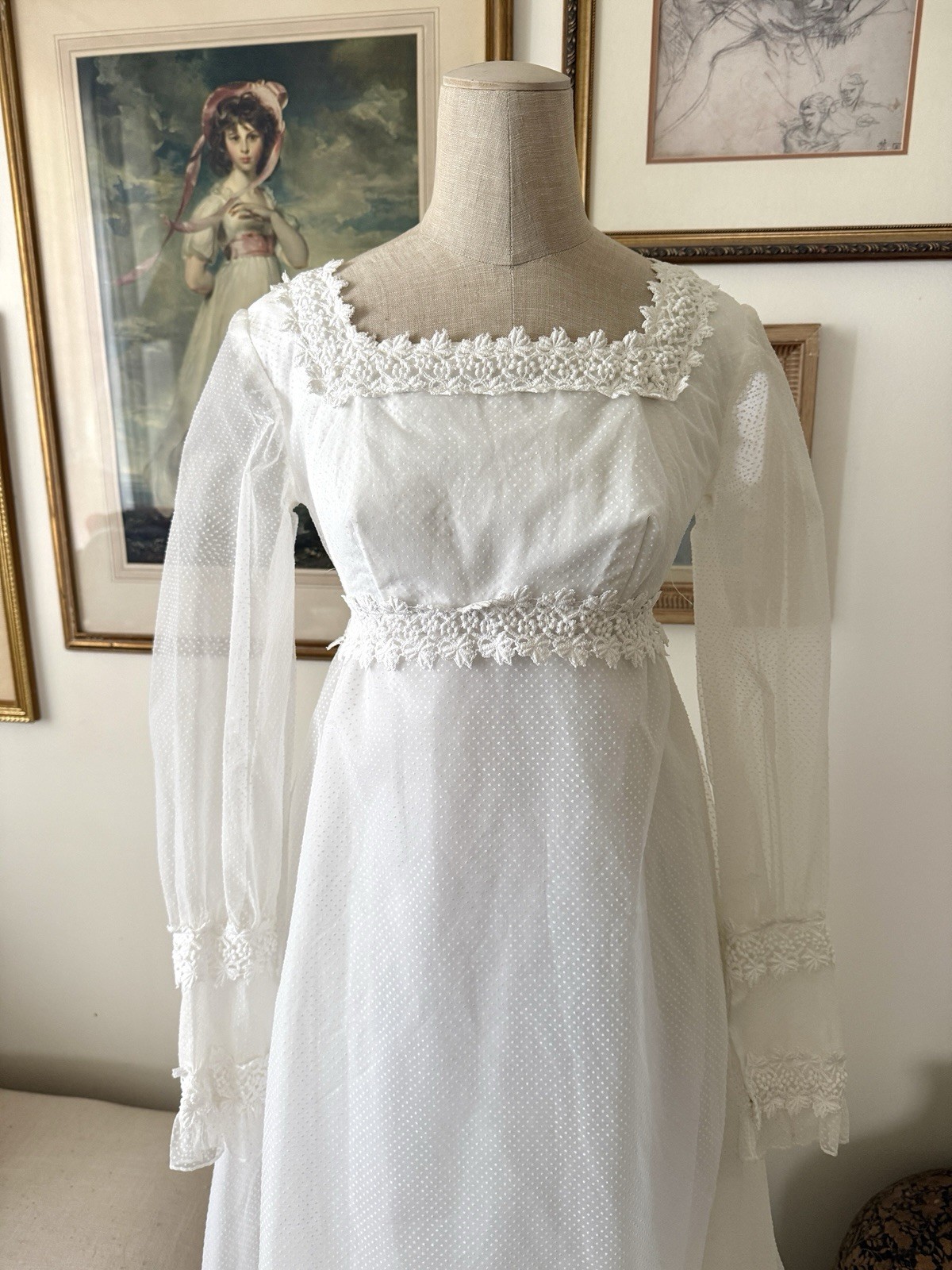 Vintage Handmade Regency 1970s Long Sleeve Wedding Dress Gown with Train