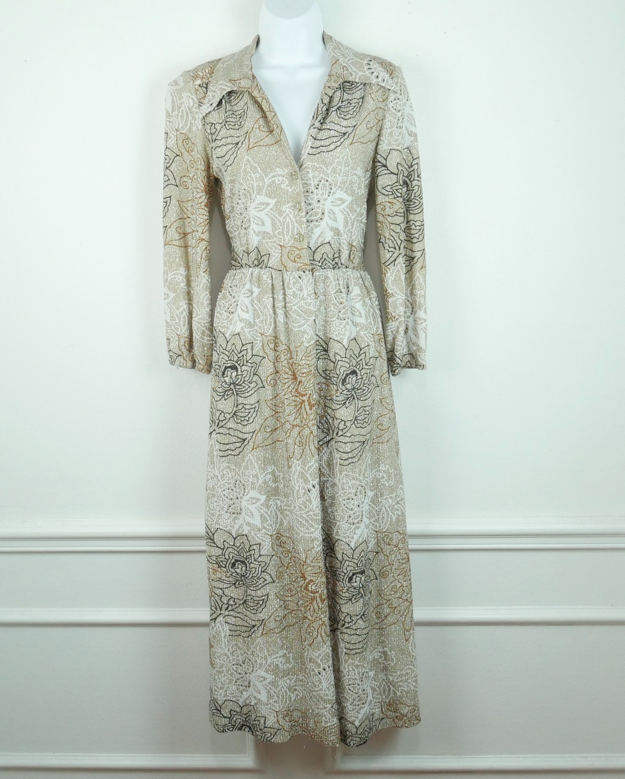 Vintage 60s 70s Lame Maxi Dress Hostess XS S Floral Dagger Collar Metallic Glam
