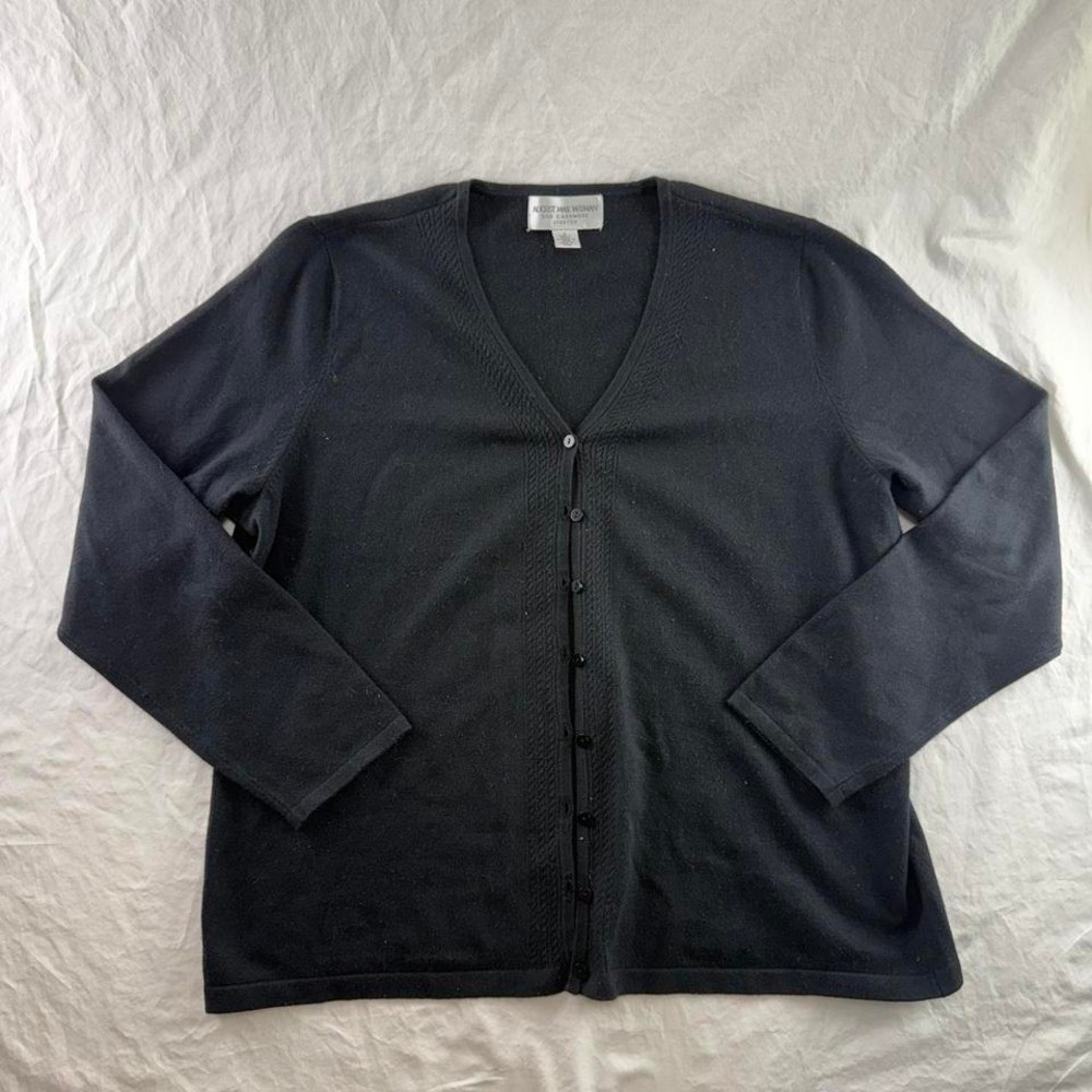 VTG August Max Silk Cashmere Nylon Spandex Black Cardigan Womens Sz 1X Preppy