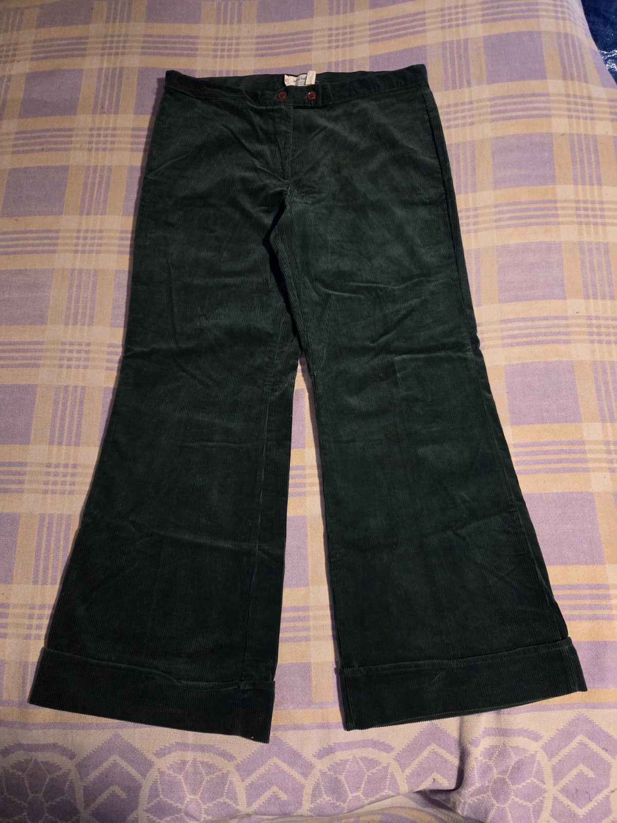 Vintage 70s Corduroy Bell Bottom Pants Green Flared Miss Holly Disco Hippie Wide