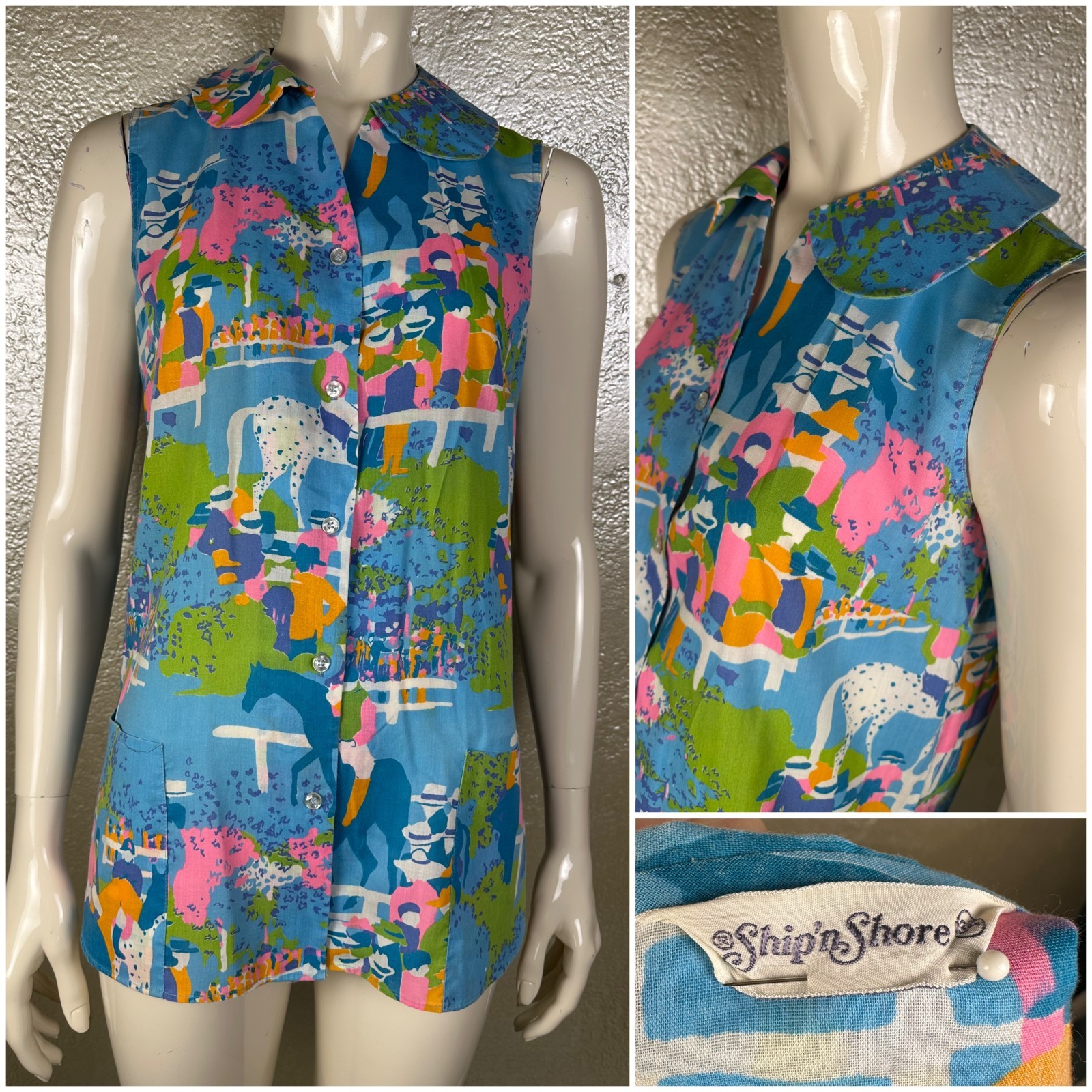 Vintage 1960s SHIP N SHORE Blue Multicolor Cotton Short Sleeve Shirt Derby Horse